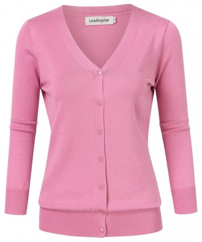 Women's 3/4 Sleeve Button Down Sweater Cardigan V-neck Light Pink $16.81 Sweaters