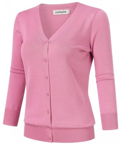 Women's 3/4 Sleeve Button Down Sweater Cardigan V-neck Light Pink $16.81 Sweaters