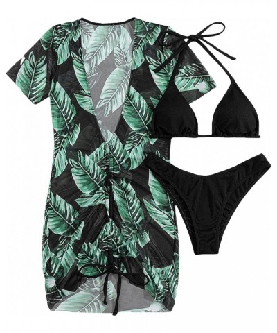 Women's 3 Piece Set Solid Halter Triangle Bikini Swimsuit with Tropical Print Cover Up Dress Green $12.53 Swimsuits