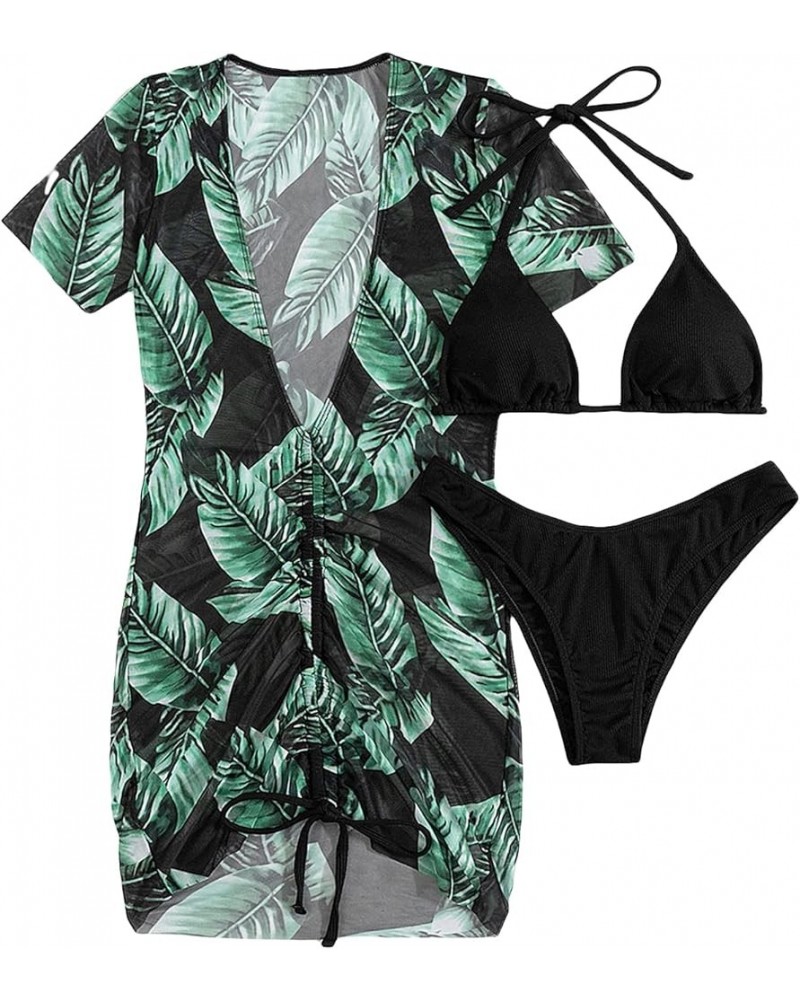 Women's 3 Piece Set Solid Halter Triangle Bikini Swimsuit with Tropical Print Cover Up Dress Green $12.53 Swimsuits