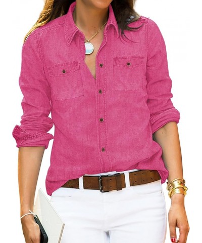 Denim Shirt Women Chambray Jean Western Shirts Long Sleeve Button Down Tops Hot Pink $18.27 Blouses