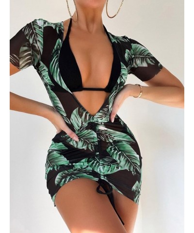 Women's 3 Piece Set Solid Halter Triangle Bikini Swimsuit with Tropical Print Cover Up Dress Green $12.53 Swimsuits