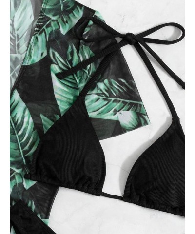 Women's 3 Piece Set Solid Halter Triangle Bikini Swimsuit with Tropical Print Cover Up Dress Green $12.53 Swimsuits