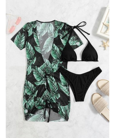 Women's 3 Piece Set Solid Halter Triangle Bikini Swimsuit with Tropical Print Cover Up Dress Green $12.53 Swimsuits