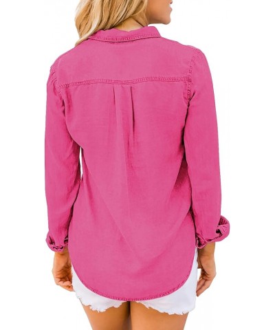 Denim Shirt Women Chambray Jean Western Shirts Long Sleeve Button Down Tops Hot Pink $18.27 Blouses