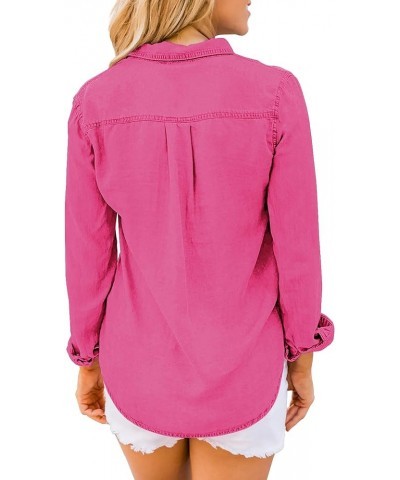 Denim Shirt Women Chambray Jean Western Shirts Long Sleeve Button Down Tops Hot Pink $18.27 Blouses