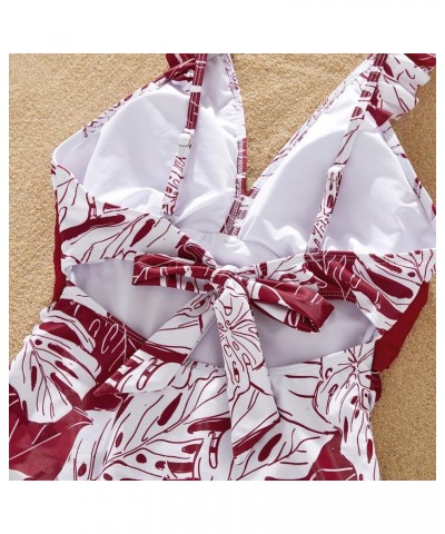 Mommy and Me Swimsuits One Piece Pattern Printed V Neck Bathing Suits Family Matching Swimwear Women Red-white $11.79 Swimsuits