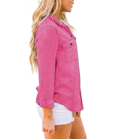 Denim Shirt Women Chambray Jean Western Shirts Long Sleeve Button Down Tops Hot Pink $18.27 Blouses