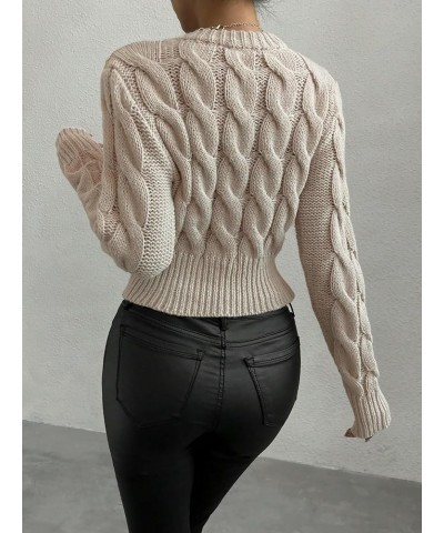 Women's Cable Knit Texture Crop Sweater Crew Neck Long Sleeve Pullover Crop Top Sweater Beige $24.98 Sweaters