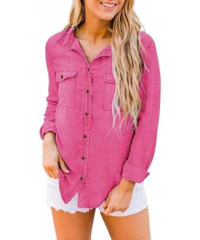 Denim Shirt Women Chambray Jean Western Shirts Long Sleeve Button Down Tops Hot Pink $18.27 Blouses