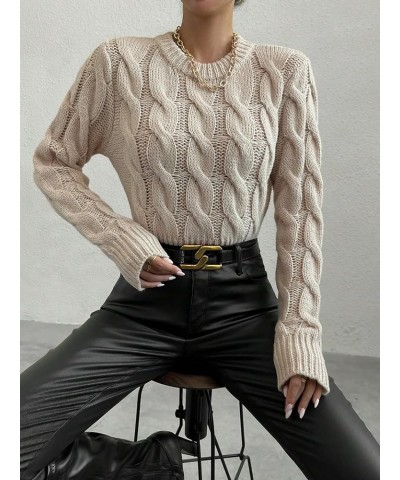 Women's Cable Knit Texture Crop Sweater Crew Neck Long Sleeve Pullover Crop Top Sweater Beige $24.98 Sweaters