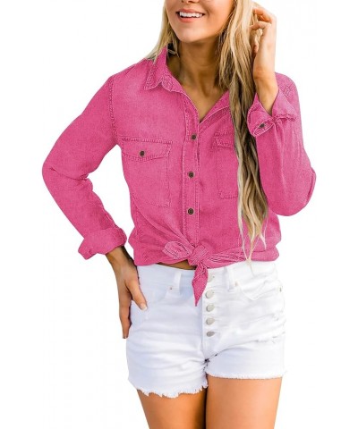 Denim Shirt Women Chambray Jean Western Shirts Long Sleeve Button Down Tops Hot Pink $18.27 Blouses