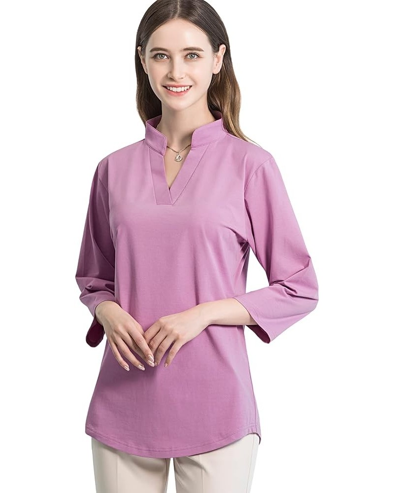 Women's 3/4 Sleeve V Neck Stretch Loose Tunic Tops Casual Cotton Blouse Henley Collared Breathable Work Shirt Rose Pink $10.7...