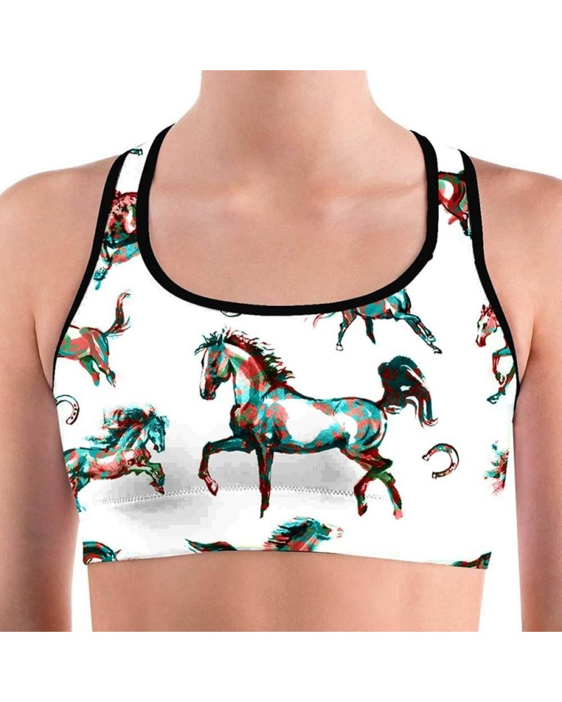 Women's Racerback Print Sport Bra - Fitness Support Workout Running Bras Watercolor Horse $12.50 Lingerie