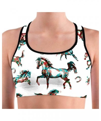 Women's Racerback Print Sport Bra - Fitness Support Workout Running Bras Watercolor Horse $12.50 Lingerie