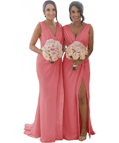 Women's V Neck Bridesmaid Dresses for Wedding Wrap Chiffon Long Formal Dresses with Slit Coral $33.79 Dresses