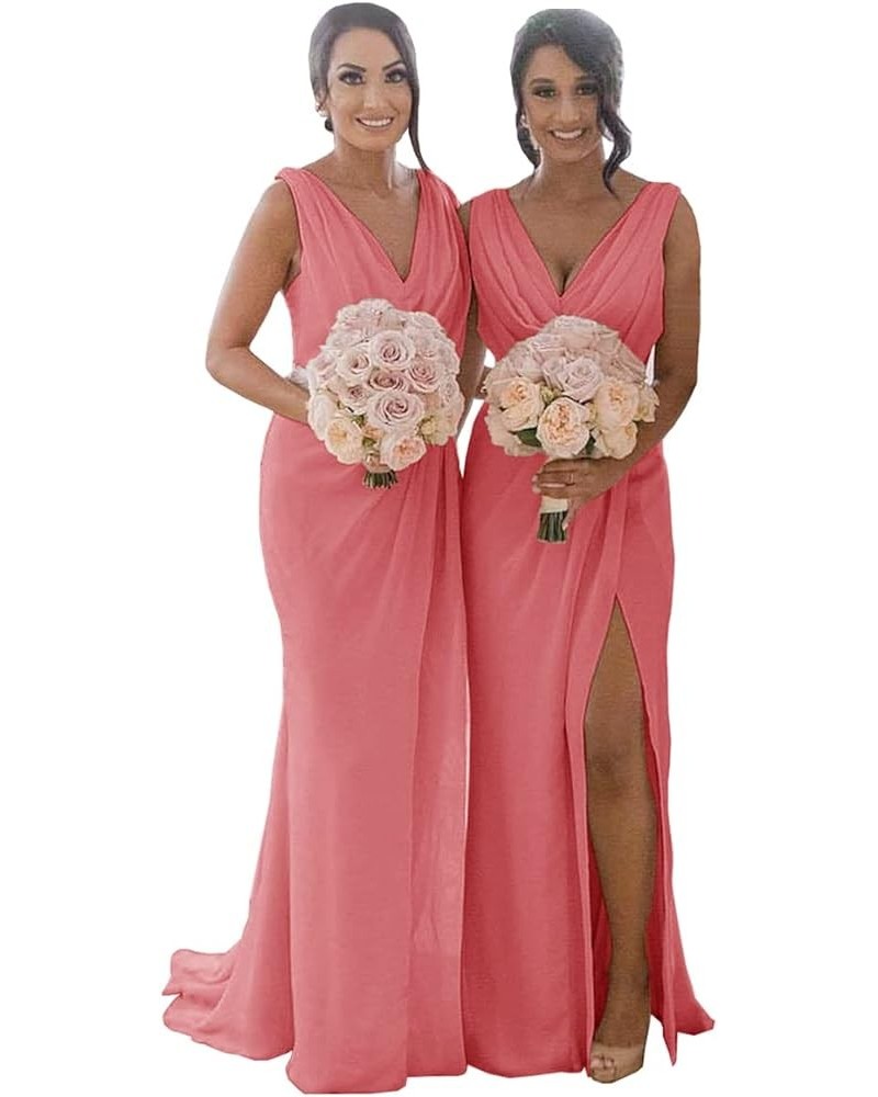 Women's V Neck Bridesmaid Dresses for Wedding Wrap Chiffon Long Formal Dresses with Slit Coral $33.79 Dresses