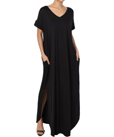 Women's Casual Short Sleeve Viscose Jersey Relaxed T-Shirt Slit Long Maxi Dress Black $16.82 Dresses