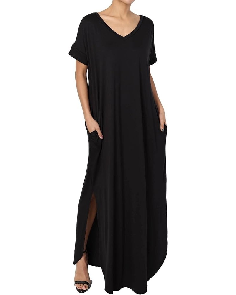 Women's Casual Short Sleeve Viscose Jersey Relaxed T-Shirt Slit Long Maxi Dress Black $16.82 Dresses