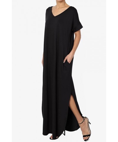 Women's Casual Short Sleeve Viscose Jersey Relaxed T-Shirt Slit Long Maxi Dress Black $16.82 Dresses