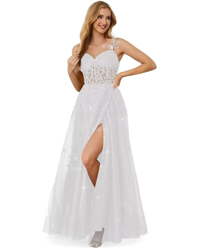 Sparkly Tulle Prom Dresses Long Ball Gowns for Women 2024 Spaghetti Straps Lace Appliques Corset Formal Wedding Dress White $...