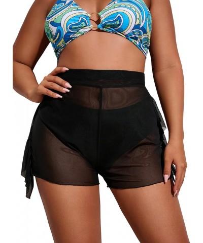 Women's Plus Size Sheer Mesh Ruffle Trim Cover Up Shorts Swimwear Black $11.33 Swimsuits