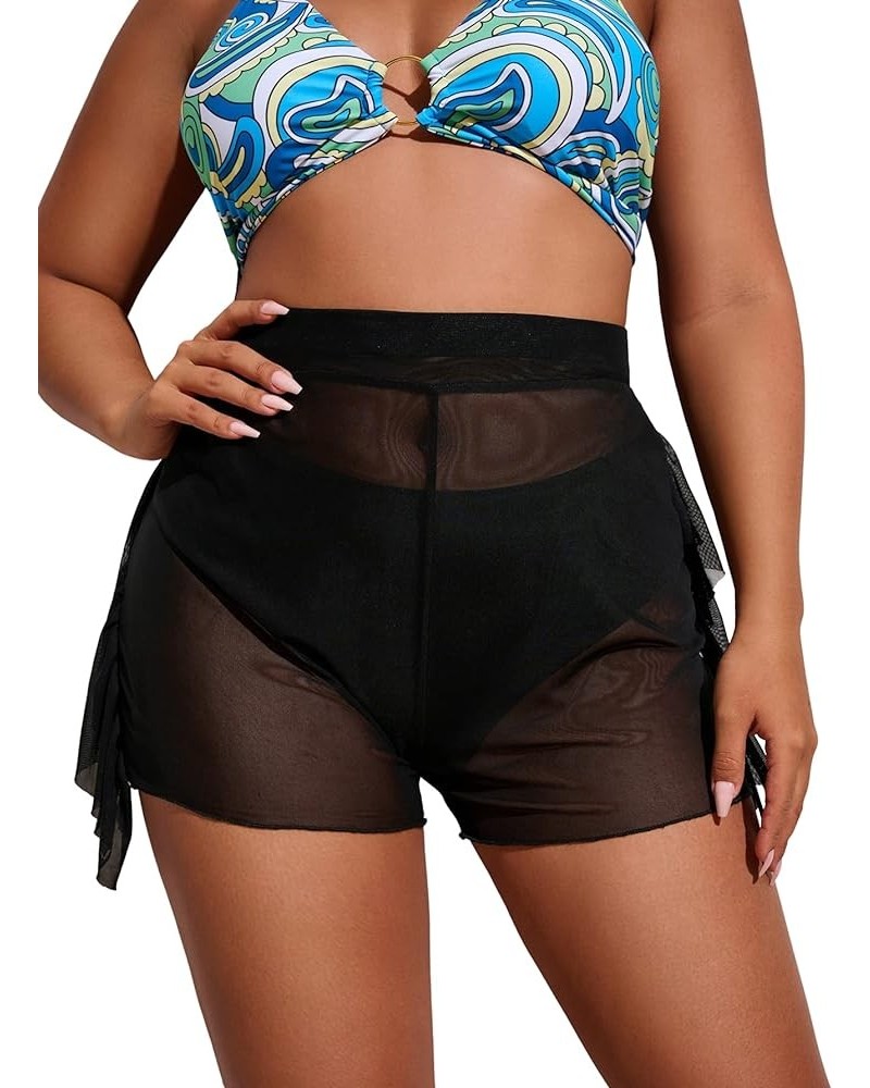 Women's Plus Size Sheer Mesh Ruffle Trim Cover Up Shorts Swimwear Black $11.33 Swimsuits