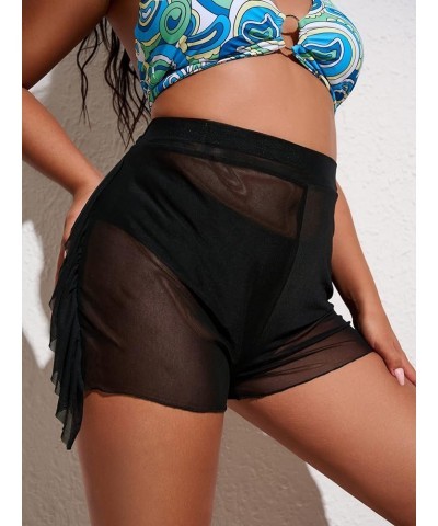 Women's Plus Size Sheer Mesh Ruffle Trim Cover Up Shorts Swimwear Black $11.33 Swimsuits