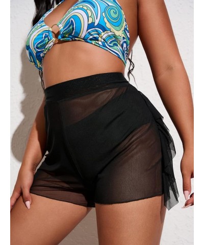 Women's Plus Size Sheer Mesh Ruffle Trim Cover Up Shorts Swimwear Black $11.33 Swimsuits