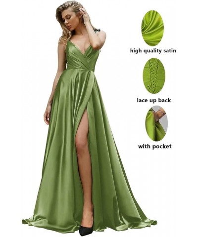 Women's V Neck Satin Prom Dresses with Slit Long Ball Gown A Line Spaghetti Strap Formal Evening Gowns with Pocket Yxxy597 Wh...