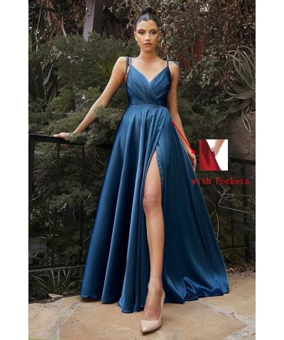 Women's V Neck Satin Prom Dresses with Slit Long Ball Gown A Line Spaghetti Strap Formal Evening Gowns with Pocket Yxxy597 Wh...