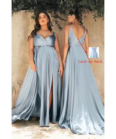 Women's V Neck Satin Prom Dresses with Slit Long Ball Gown A Line Spaghetti Strap Formal Evening Gowns with Pocket Yxxy597 Wh...