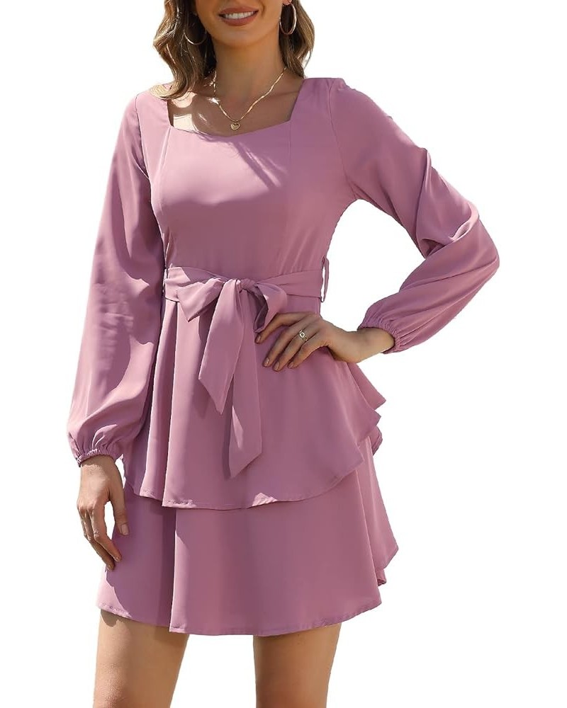 Womens Long Sleeve Mini Dress Square Neck or V Neck High Waist A Line Short Dress 01pink Color $26.09 Dresses