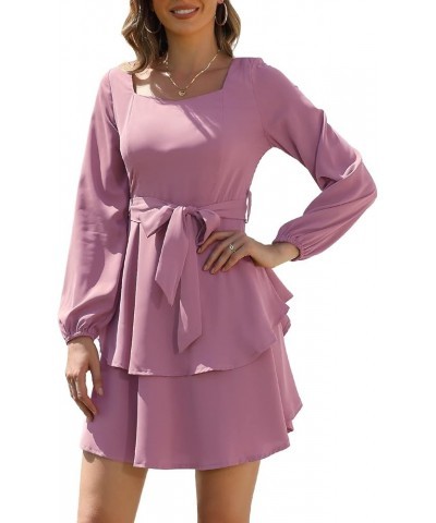 Womens Long Sleeve Mini Dress Square Neck or V Neck High Waist A Line Short Dress 01pink Color $26.09 Dresses