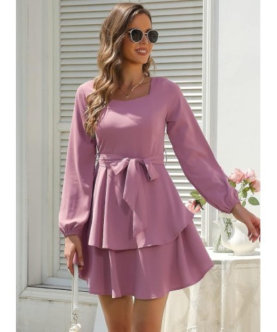 Womens Long Sleeve Mini Dress Square Neck or V Neck High Waist A Line Short Dress 01pink Color $26.09 Dresses