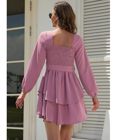 Womens Long Sleeve Mini Dress Square Neck or V Neck High Waist A Line Short Dress 01pink Color $26.09 Dresses