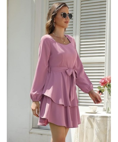 Womens Long Sleeve Mini Dress Square Neck or V Neck High Waist A Line Short Dress 01pink Color $26.09 Dresses