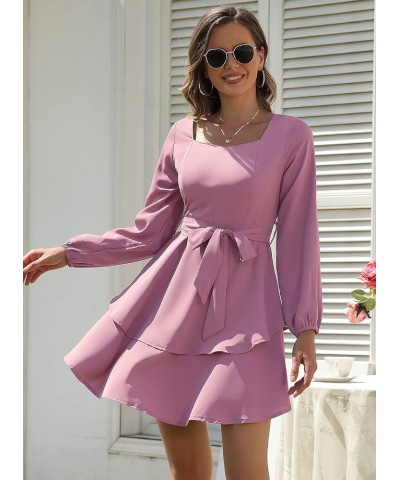 Womens Long Sleeve Mini Dress Square Neck or V Neck High Waist A Line Short Dress 01pink Color $26.09 Dresses