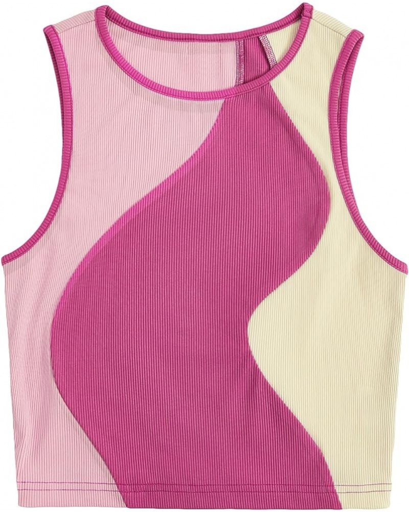 Women's Color Block Round Neck Sleeveless Ribbed Crop Tank Top Pink Beige $11.50 Tanks