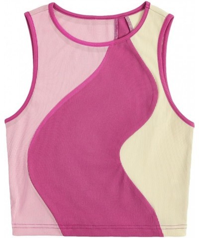 Women's Color Block Round Neck Sleeveless Ribbed Crop Tank Top Pink Beige $11.50 Tanks