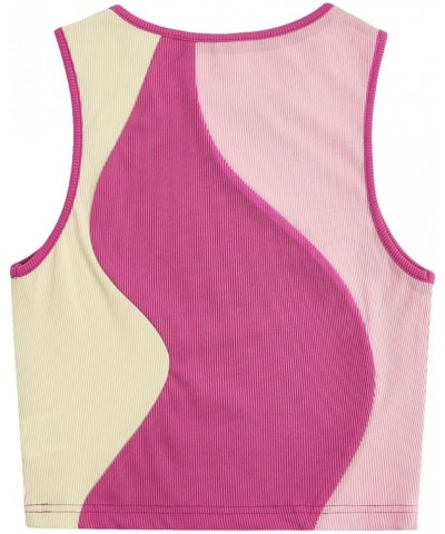 Women's Color Block Round Neck Sleeveless Ribbed Crop Tank Top Pink Beige $11.50 Tanks