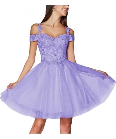 Women's Tulle Lace Applique Homecoming Prom Dresses 2024 Cold Shoulder Sparkly Short Beaded Cocktail Party Gowns Lavender $28...