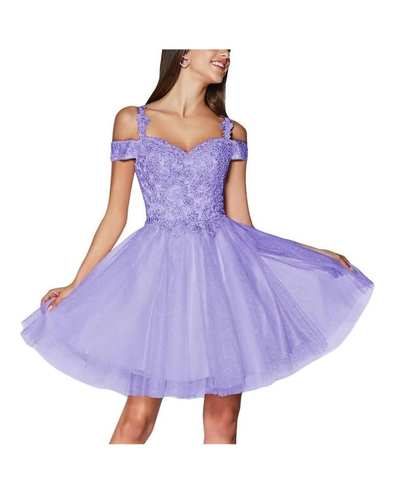 Women's Tulle Lace Applique Homecoming Prom Dresses 2024 Cold Shoulder Sparkly Short Beaded Cocktail Party Gowns Lavender $28...