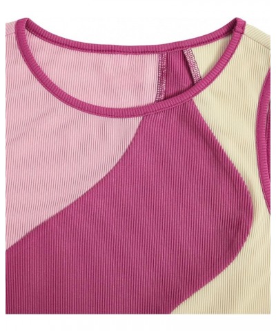 Women's Color Block Round Neck Sleeveless Ribbed Crop Tank Top Pink Beige $11.50 Tanks