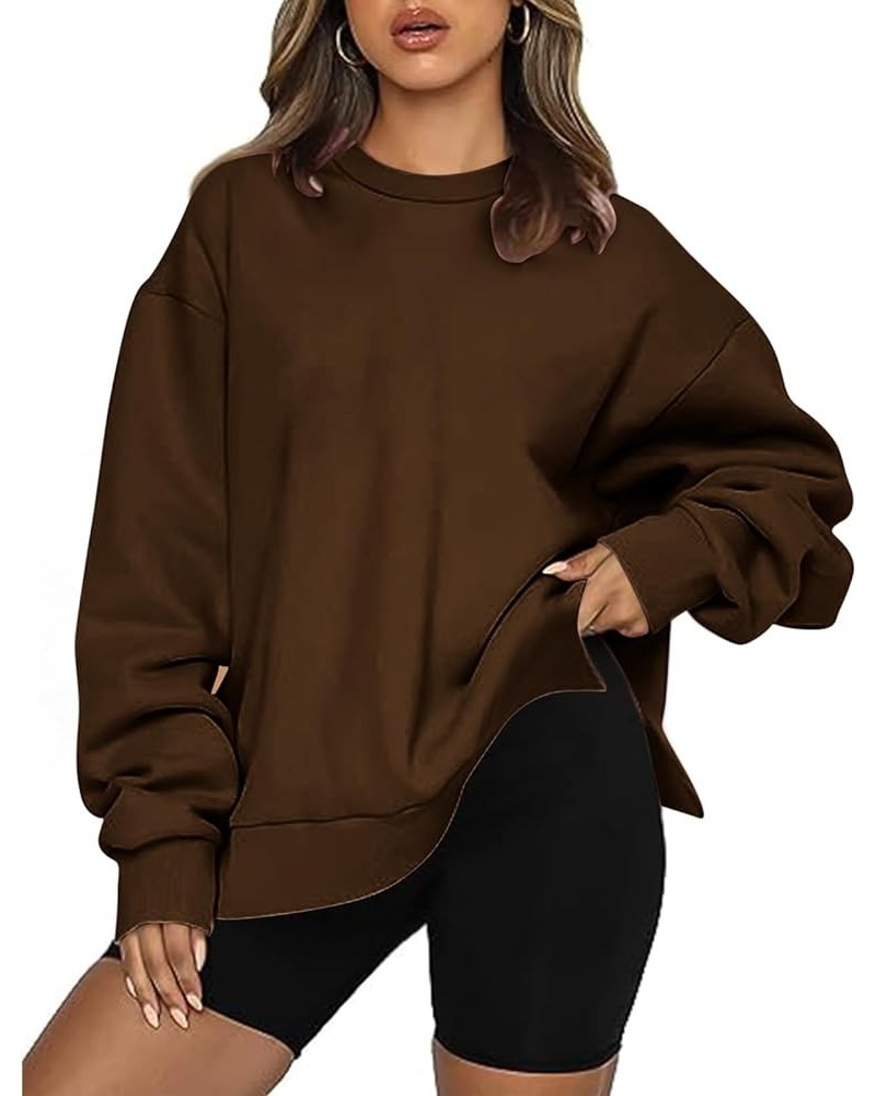 Oversized Sweatshirt for Women Plus Size Split Hem Tops Solid Color Crewneck Sweatshirt Womens Fall Fashion 2023 Coffee-01 $9...