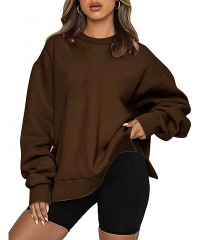 Oversized Sweatshirt for Women Plus Size Split Hem Tops Solid Color Crewneck Sweatshirt Womens Fall Fashion 2023 Coffee-01 $9...