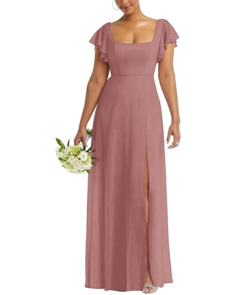 Chiffon Bridesmaid Dresses Long with Slit Short Sleeves A-Line Formal Evening Gowns for Women Wedding Guest Dark Rose $34.19 ...