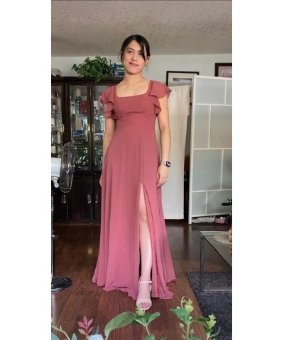 Chiffon Bridesmaid Dresses Long with Slit Short Sleeves A-Line Formal Evening Gowns for Women Wedding Guest Dark Rose $34.19 ...