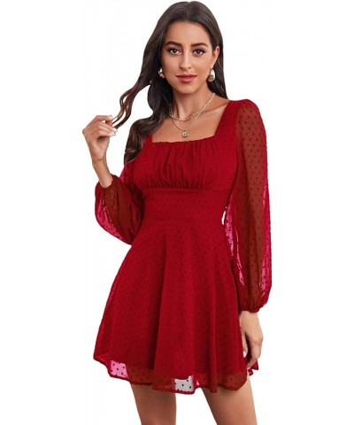 Women's Polka Swiss Dots Mesh Square Neck Lantern Bishop Sleeve Chiffon Dress Red Solid $24.44 Dresses