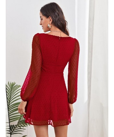 Women's Polka Swiss Dots Mesh Square Neck Lantern Bishop Sleeve Chiffon Dress Red Solid $24.44 Dresses